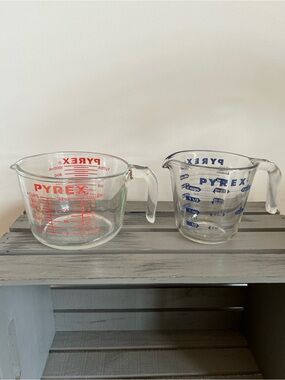 Vintage Pyrex Clear Glass Measuring Cups with Red and Blue Markings